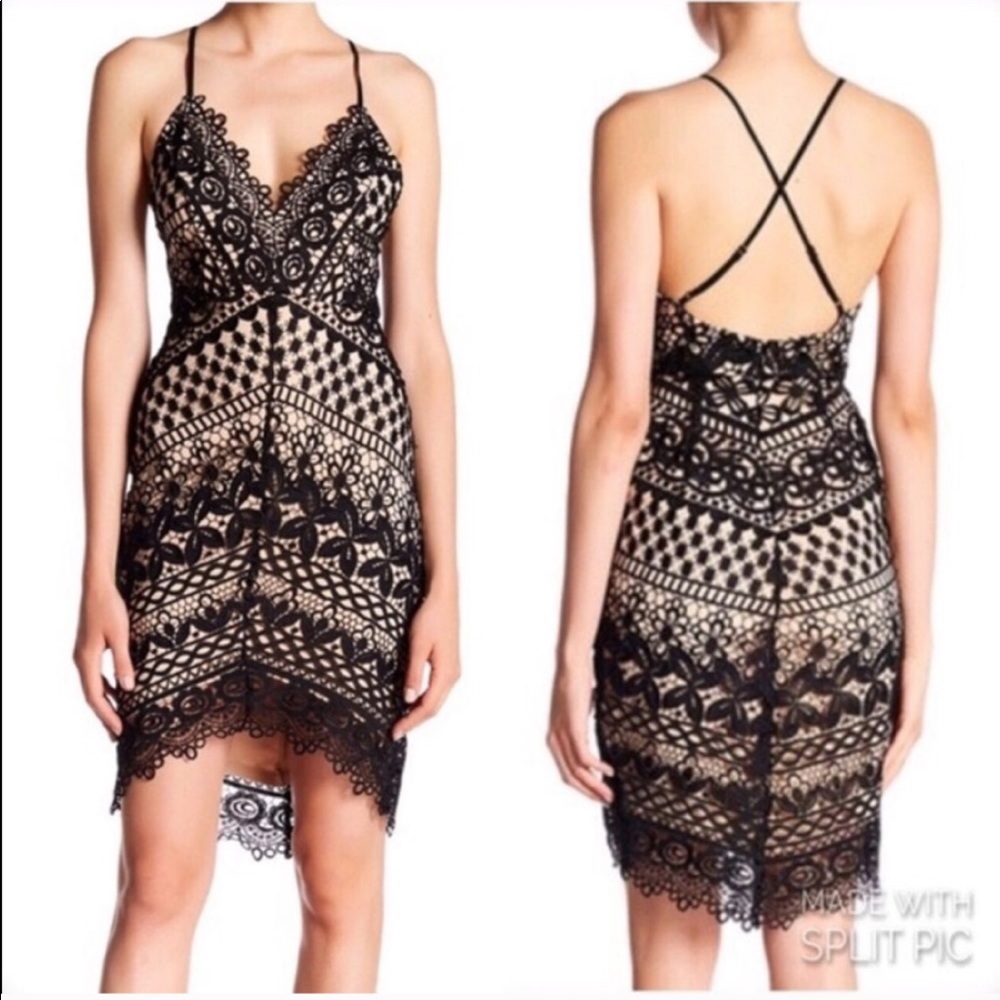 Astr Cream and Black Asymmetrical Cocktail Dress